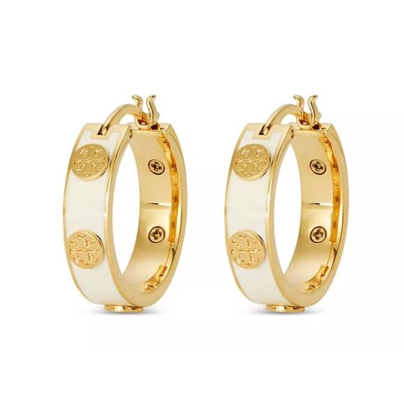 TORY BURCH WHITE AND GOLD MILLER HOOP EARRINGS - Picture 1 of 4
